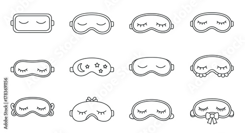 Collection of simple line art sleep masks, featuring various designs including closed eyes, eyelashes, stars, moon, and decorative bows, presented as a clean vector icon set on a white background