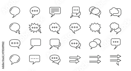 Collection of diverse speech bubble line icons representing communication, dialogue, and conversation, featuring various shapes like rounded, cloud, and starburst, with options for ellipses and