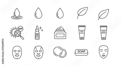 A clean and modern line icon set representing various skin care products and concepts, including water drops, leaves, SPF sun protection, serum dropper bottle, cream jar, cosmetic tubes, face masks