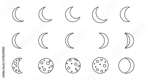 Collection of simple linear outline illustrations depicting various phases of the moon, including crescent shapes, full moon with craters, and a partially illuminated moon, perfect for educational