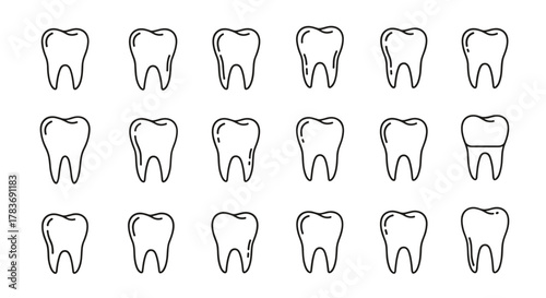 Minimalistic thin outline icons of teeth, presented in a grid pattern on a white background, perfect for web design, graphic design, apps, banners, social networks, and cards, offering a clean and