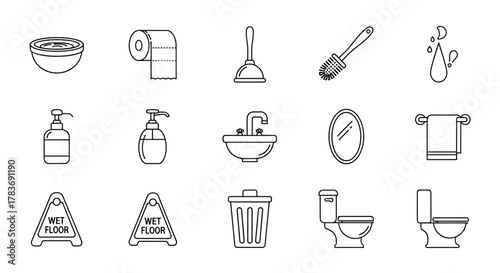 Collection of simple, isolated line icons representing bathroom essentials and cleaning tools, perfect for graphic design, app development, and educational materials. Includes toilet, sink, plunger