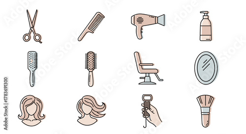 Set of flat design icons for beauty salon and hairdressing services, including scissors, combs, hair dryer, brushes, shampoo bottle, mirror, salon chair, and hair styling tools, perfect for branding
