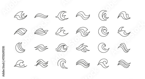 Collection of 24 simple and minimal wave outline logo designs, presented as a vector cartoon illustration on a clean white background. This ordered set features various stylized wave icons, perfect