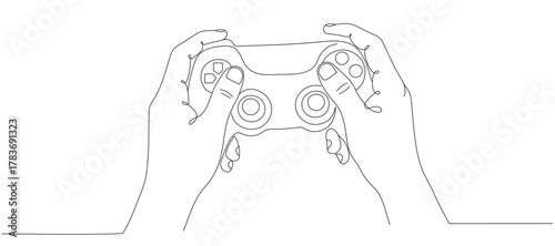 A single continuous line drawing of a gaming joystick. A game joystick and controller in a simple line style. Editable stroke. Vector illustration.