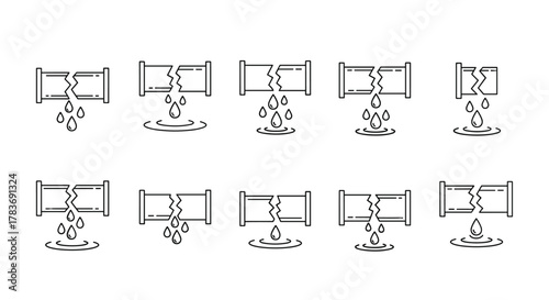 Set of minimalistic thin outline icons depicting broken pipes with water leaks, symbolizing plumbing issues, water damage, and maintenance needs. Ideal for web design, app interfaces, banners, social