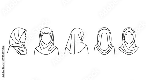 Minimalist linear vector illustration set of women wearing hijabs in profile, front view, and back view, presented as a clean, ordered line icon collection on a white background, symbolizing modesty