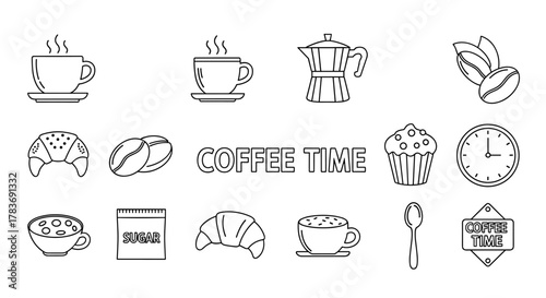 A collection of outline icons representing coffee time, including steaming cups of coffee, coffee beans, croissants, a cupcake, a sugar packet, a moka pot, a spoon, and a clock, all on a white