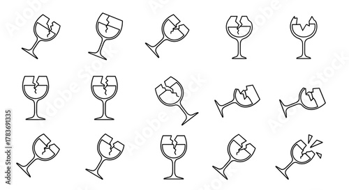 Collection of stylized vector illustrations depicting broken wine glasses, presented in various orientations and degrees of fragmentation, isolated on a clean white background, ideal for web, print