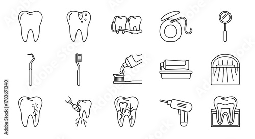 Comprehensive bundle of dentistry-related line icons, featuring healthy and decayed teeth, dental floss, caries, cleaning tools, and dental drill, perfect for graphic and web design, apps, adverts