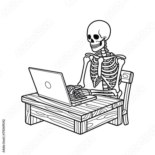 Skeleton working on a laptop at a wooden desk