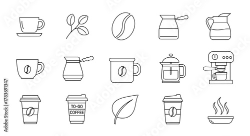 Collection of coffee-related line icons, including cups, coffee beans, brewing devices like cezve and French press, a coffee machine, and to-go cups, perfect for graphic and web design, apps