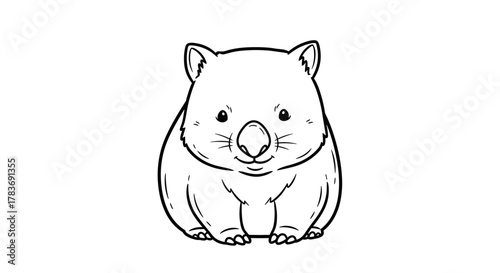 Charming black and white line art illustration of a cute, plump wombat sitting upright with a friendly expression, perfect for children's books, educational materials, and Australian-themed designs