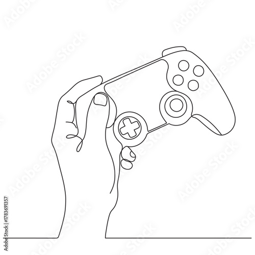 A single continuous line drawing of a gaming joystick. A game joystick and controller in a simple line style. Editable stroke. Vector illustration.