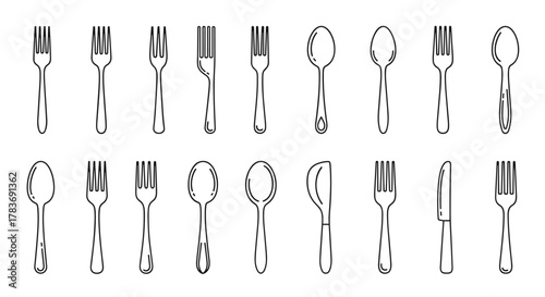 Set of thin line icons for forks, spoons, and knives, perfect for web, books, cards, and apps. This editable stroke vector cartoon illustration features a clean white background, offering versatile