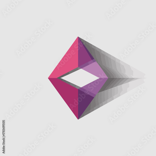 A striking geometric design featuring a 3D diamond shape with vibrant purple tones and soft shadows, ideal for modern graphic design projects focusing on abstraction.