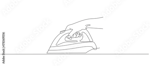 Continuous one-line drawing of an electric iron. One-line drawing of a steam iron. Vector image. Editable line