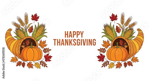 Happy thanksgiving greeting card with cornucopia filled with pumpkins and autumn leaves and wheat stalks