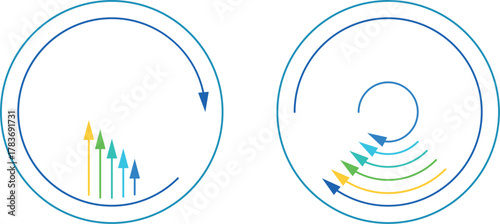 button abstraction, touch button, buttons for touch monitors and panels, round buttons with rotation. colored arrows on/off, growth indicator