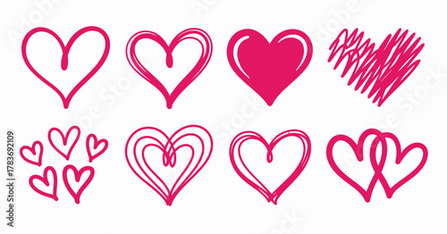 A delightful collection of hand-drawn heart illustrations in various styles and shades, capturing love and affection, perfect for expressing emotions in creative designs.