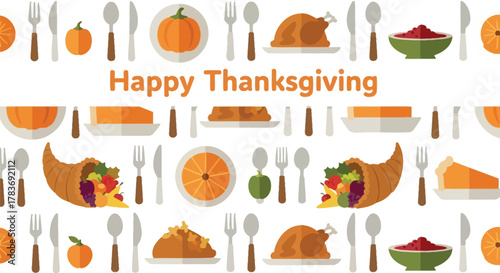 Happy thanksgiving illustration with a festive pattern of food and cutlery for a holiday celebration