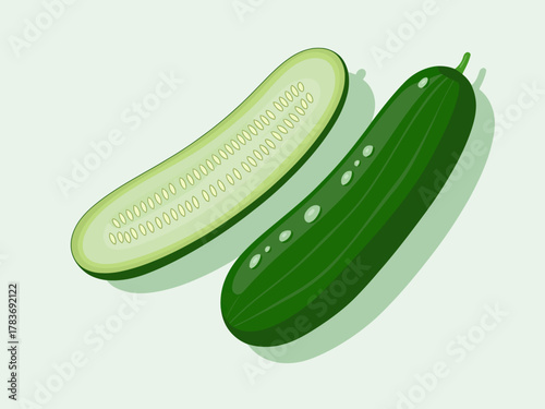 This image showcases a whole cucumber next to a sliced half, highlighting the fresh and crisp nature of the vegetable often used in salads and healthy dishes.