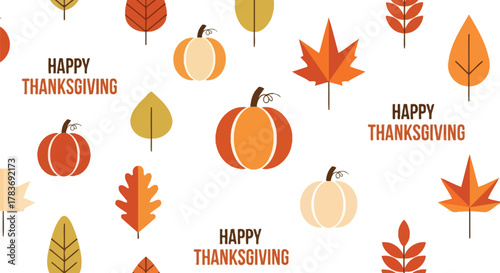 Happy thanksgiving greeting with pumpkins and autumn leaves on a white background in a repeating pattern
