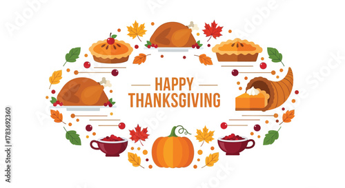 Happy thanksgiving illustration featuring a cornucopia pies roasted turkeys pumpkin and autumn leaves in a decorative border