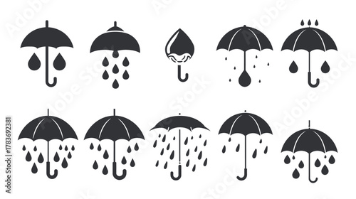 Vector pack of rain icons and raindrops on white background