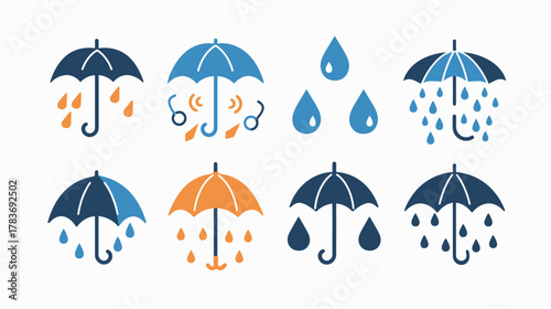 Vector pack of rain icons and raindrops on white background