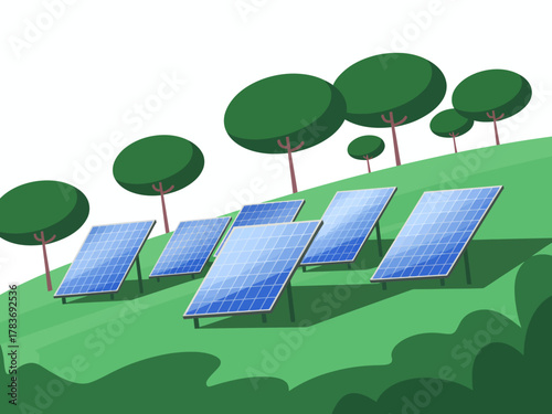 A landscape featuring solar panels on a green hill, symbolizing sustainable energy and innovation, showing the importance of renewable resources for a greener planet.