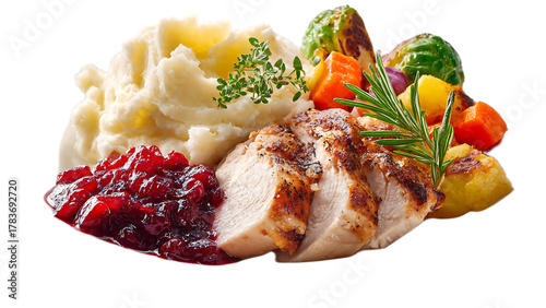 A thanksgiving dinner plate with turkey cranberry sauce mashed potatoes and roasted vegetables