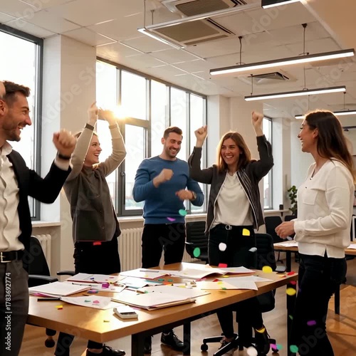 Excited Business Team Celebrating Success in the Office with Confetti.