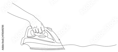 Continuous one-line drawing of an electric iron. One-line drawing of a steam iron. Vector image. Editable line