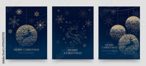 Luxury Blue and Gold Christmas Poster — Elegant Reindeer and Snowflake Holiday Vector Background