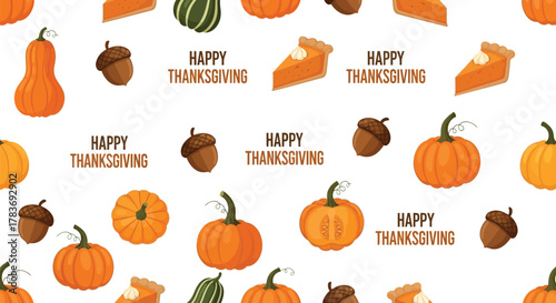 Happy thanksgiving seamless pattern with pumpkins acorns and pumpkin pie slices on a white background