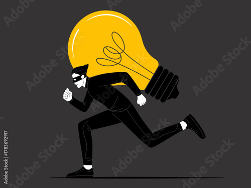 A dynamic illustration shows a masked thief running with a giant lightbulb, symbolizing the theft of ideas and creativity in a dark backdrop that evokes urgency and intrigue.