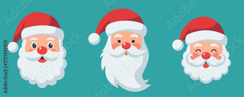 Set of cute cartoon icons with Santa Claus's face. Christmas stickers. Vector illustration