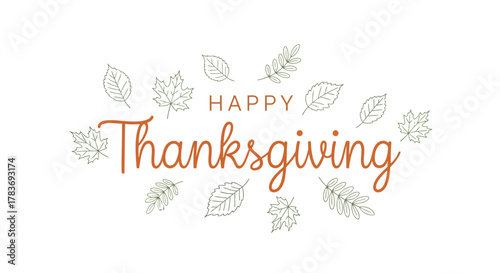 Happy thanksgiving greeting text with falling autumn leaves and elegant calligraphy on a white background