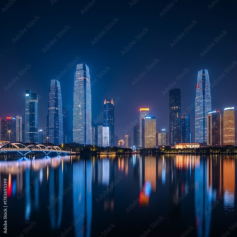 Obraz premium Guangzhous Dazzling Skyline - A Nighttime Reflection of Urban Majesty.