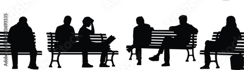 Silhouette people sitting on benches, urban park scene, casual postures, public space, minimal design, social interaction, outdoor relaxation, lifestyle concept, city environment, black figures