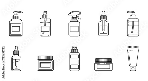 Set of thin line icons for cosmetic bottles, including pump dispensers, spray bottles, dropper bottles, jars, and tubes, perfect for web, apps, and print. Editable stroke vector illustration on a