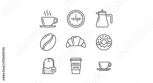 A collection of thin line icons representing a coffee break, featuring a steaming coffee cup, a clock showing 10:00, a coffee pot, a coffee bean, a croissant, a frosted donut, a tea bag, a takeout