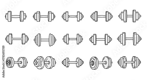 Collection of various dumbbell icons and illustrations, including adjustable and fixed weight dumbbells, presented in a clean, editable stroke style. Perfect for fitness graphics, design elements