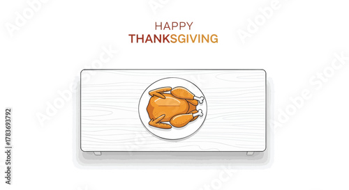 Happy thanksgiving greeting with a delicious roasted turkey on a white plate on a wooden table