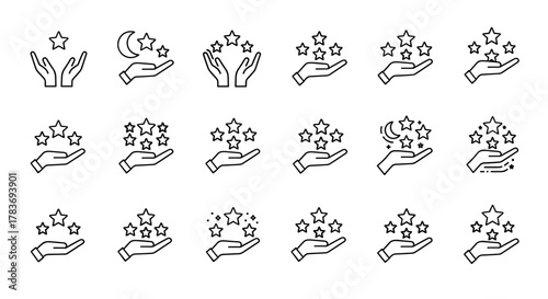 Collection of outline linear symbols featuring hands holding stars and a crescent moon, representing concepts like rating, success, dreams, and achievements. Ideal for graphic design, web, apps, and