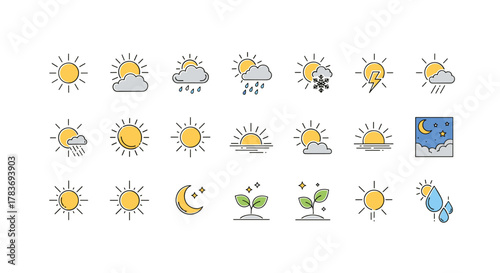 Vibrant collection of thin line icons symbolizing nature and weather, featuring the sun in various conditions like clear skies, rain, clouds, thunderstorms, and snow, alongside moonlit nights