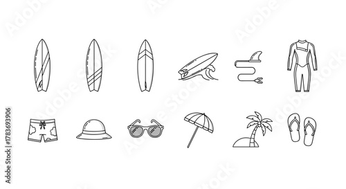 Collection of line art icons representing surfing and beach activities, including surfboards, waves, wetsuit, shorts, hat, sunglasses, beach umbrella, palm tree island, and flip-flops, perfect for