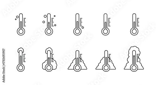 Set of minimalistic outline thermometer icons representing various temperature conditions, including cold, hot, and boiling, suitable for web, graphic design, apps, banners, social networks, and