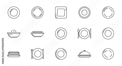 A collection of minimalistic line icons representing various plates, bowls, and cutlery, perfect for web design, graphic design, app interfaces, banners, social networks, and greeting cards, offering